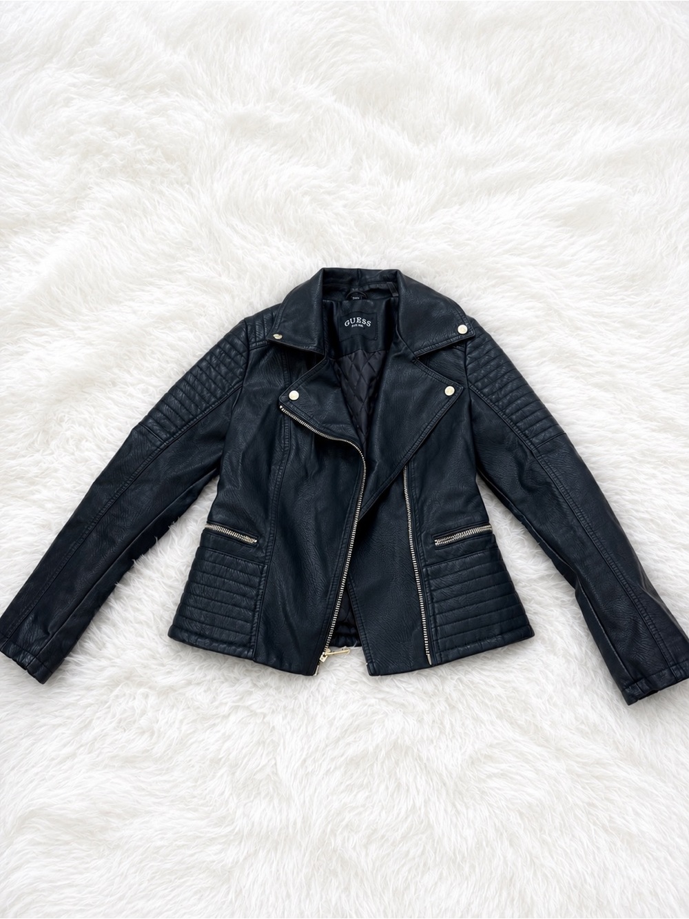 GUESS woman Black Quilted Panel Faux Leather Moto Jacket